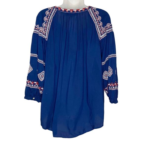 LOFT dark blue w/white & red embroidery tassel boho blouse | women's size small - Picture 3 of 6